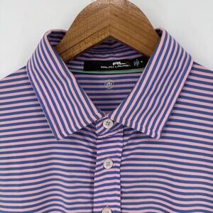 RLX Ralph Lauren Golf‎ Polo Shirt Mens Medium Pink Blue Striped Wicking